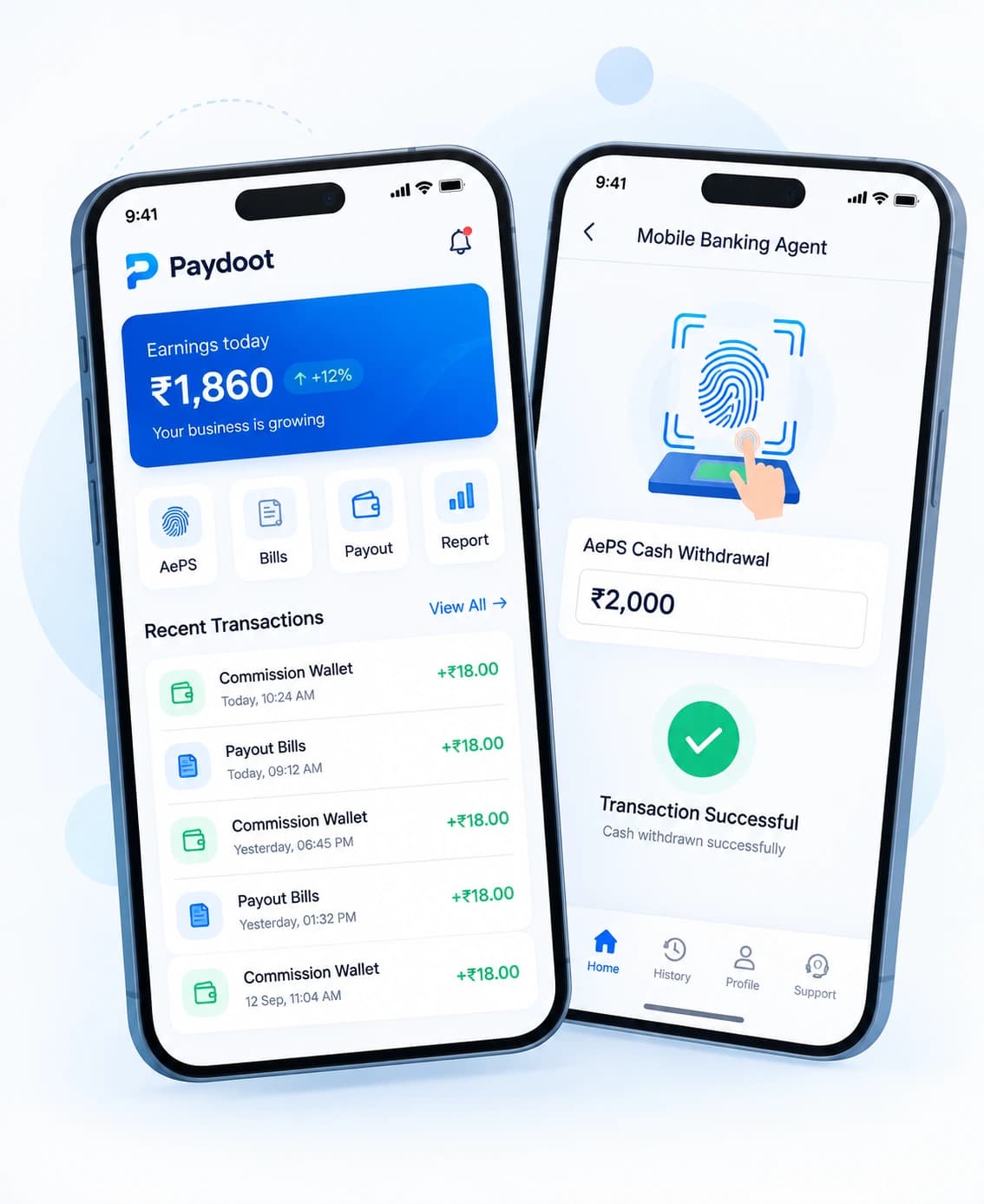 Paydoot merchant mobile app — today's earnings, AePS withdrawal and commission wallet
